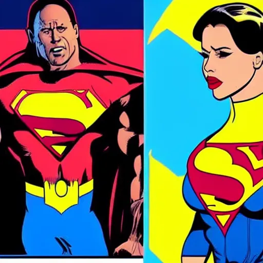 Image similar to lana rhodes as superwoman, fighting dwayne johnson's black adam, pop art