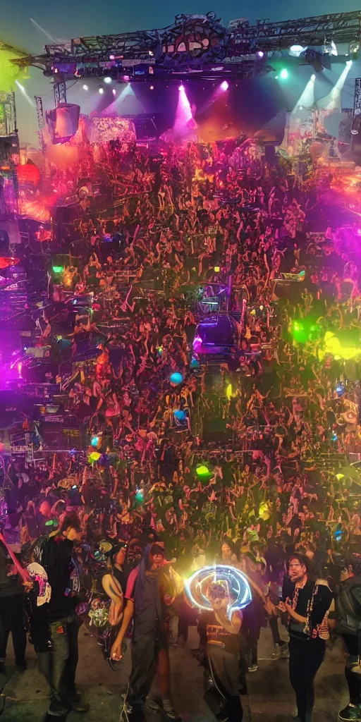 Image similar to a selfie of happy people at an outdoor festival stage with audience, on stage is a rockband with 3 steampunk robots with guitars and drums, center of the stage is a big steampunk generator, laser show, 8 k, fluorescent colors, halluzinogenic, multicolored, exaggerated detailed, unreal engine, 8 0 mm lens