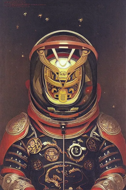 Prompt: portrait of a astronaut is a chinese dragon in armor and helmet, complex patterns, details, majestic, solemn, gorgeous, symmetrical, detailed intricate, hyper realistic, by bouguereau