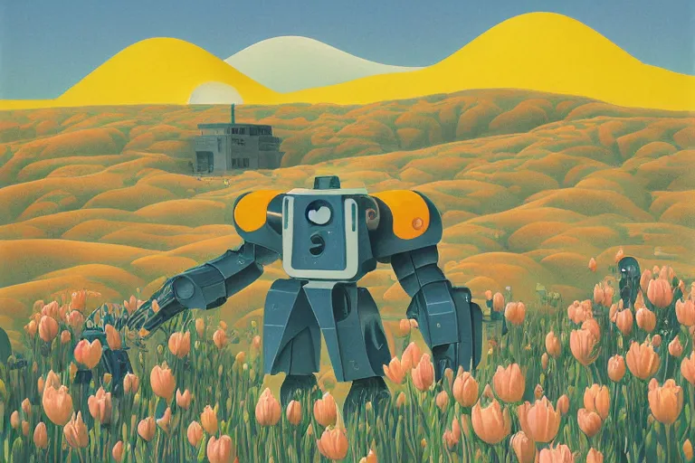 Image similar to giant mecha robot with laser, blooming hills with spring flowers and pillars by helen lundeberg