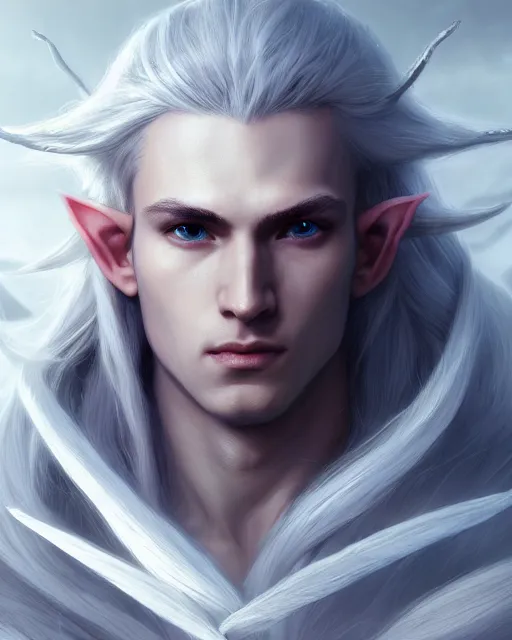 Prompt: portrait, beautiful male elf, long white hair, super detailed, light black armor with silver accenting, silver jewelry, cape, 8 k, cinematic, backlight, octane render, moonlight, snow, clouds, artstation, greg rutkowski, rossdraws, william bouguereau, sharp focus