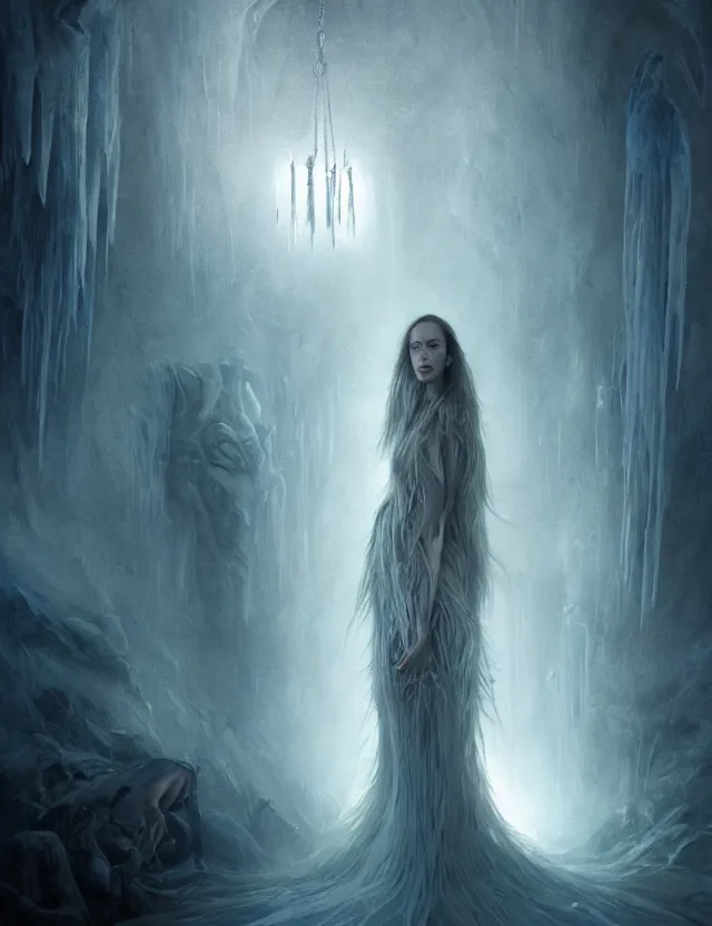 Image similar to epic professional digital art of the ice queen, atmospheric lighting, painted, complex, detailed, sinister background, leesha hannigan, wayne haag, reina rocin, ignacio fernandez rios, mark ryden, iris van herpen, epic, stunning, magnificent, very wow, cinematic, masterpiece, complex, with a clear focus, on trend on artstation