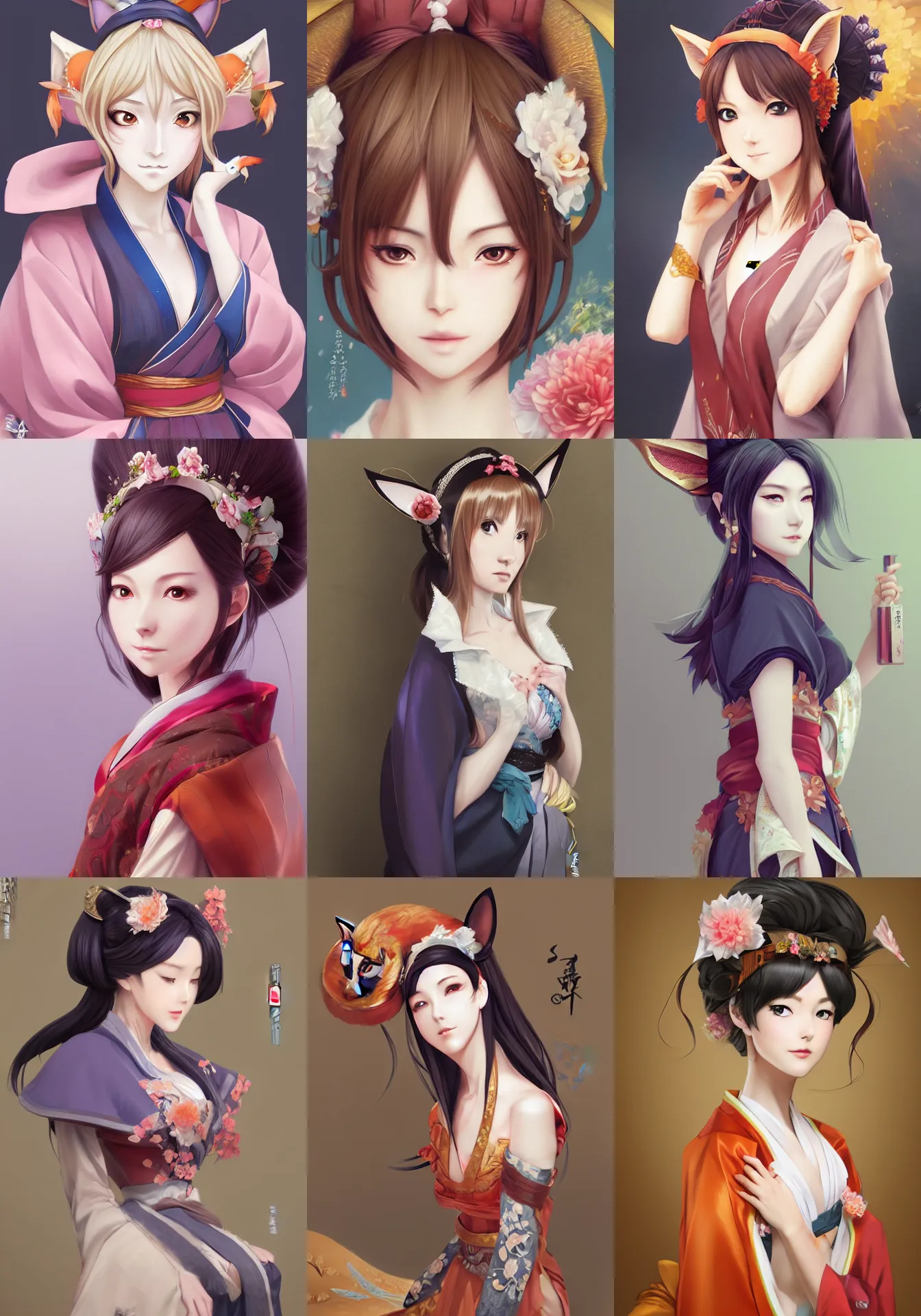 Prompt: A realistic anime portrait of a shapely noblewoman with fox ears wearing a kimono, digital painting, by Stanley Artgerm Lau, Sakimichan, WLOP and Rossdraws, digtial painting, trending on ArtStation, deviantart, SFW version