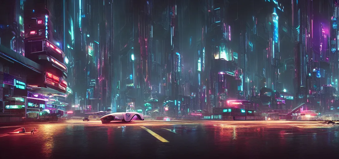 Prompt: view from the ground of a futuristic cyberpunk city at night in rain, with flying cars, symmetry, cinematic lighting, ultra detailed, sharp, ambient occlusion, raytracing, by greg rutowski, paul chadeisson and jessica rossier