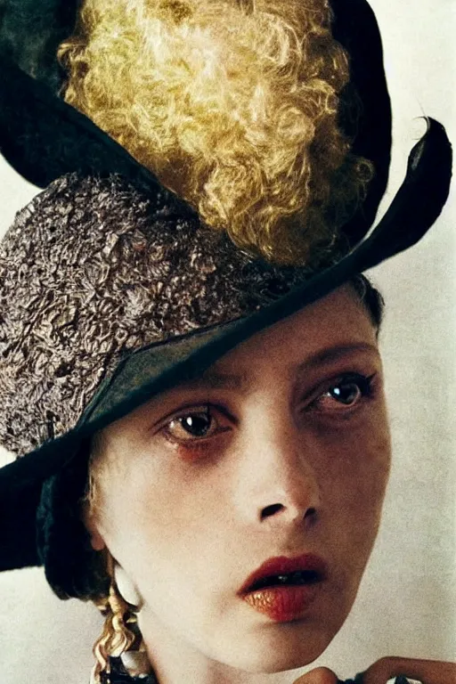 Image similar to hyperrealism close - up fashion portrait by roversi photo from the holy mountain by alejandro jodorowsky in style of francisco goya