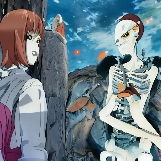 Image similar to a female necromancer and her skeleton friend, from a slice of life anime ; anime key visual by junji ito. tv anime series, kyoto animation.