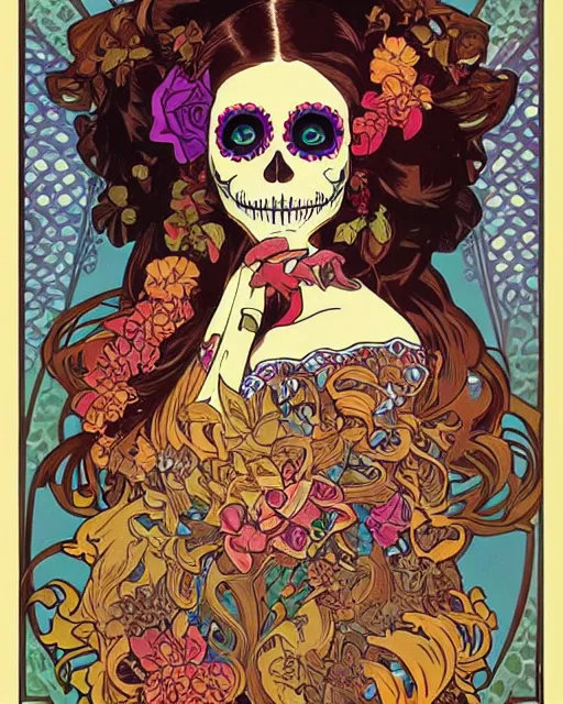 Prompt: dia de los muertos theme poster!!! art by artemio rodriguez!!, lisa brawn, ( ( alphonse mucha ) ), and gustave bauman, intricate, accurate facial details, profile picture, artgerm, retro, nostalgic, old fashioned, posterized color
