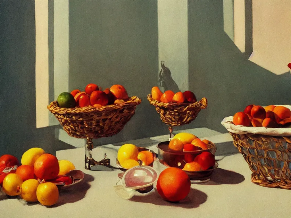 Prompt: 70s living room table with fruit basket, fine art, still life, the shinning stanley kubrick, god ray, cinematic, realistic, detailed, close up, volumetric lighting, painting in the style of Edward Hopper