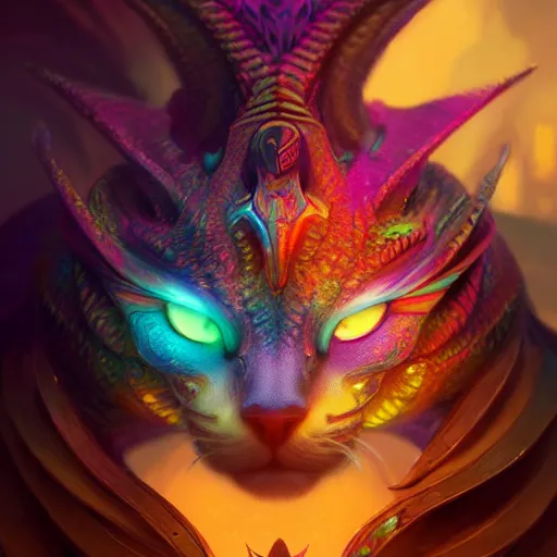 Image similar to beautiful colorful dragon cat. intricate portrait, occult cyberpunk, ancient futuristic, dark art, occult. by Petros Afshar, by artgerm, by Eddie Mendoza, by Peter mohrbacher, octane render, 3d, unreal engine, depth of field, bokeh, motion blur, blur