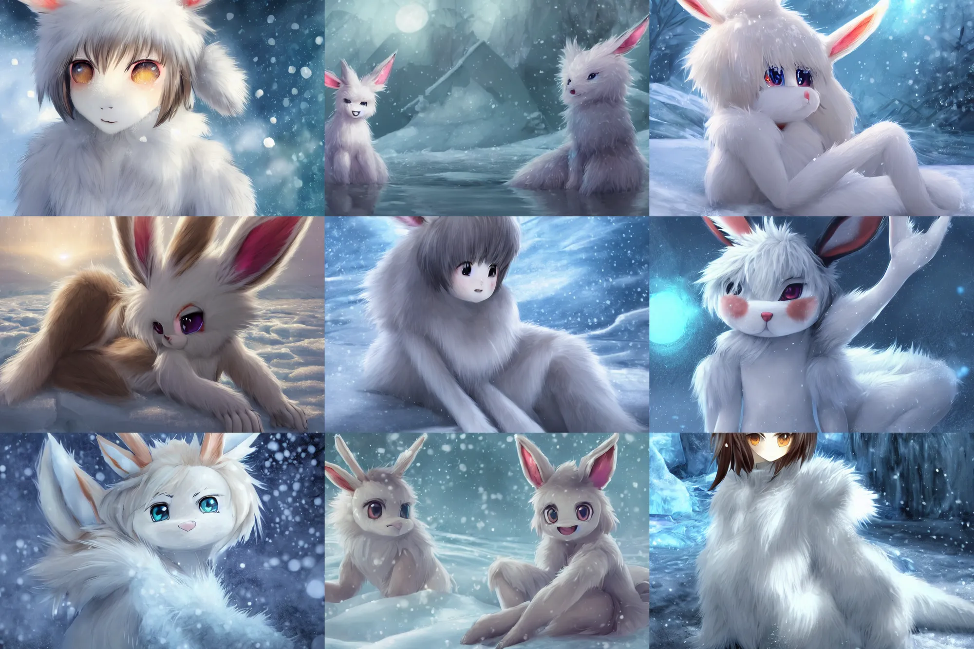 Prompt: white-furred anime anthro girl in an ice floe, intricate, highly detailed fan art rendering of a bipedal frosty anthro fuzzy eevee evil smooth, artstation, sitting in snow eevee high resolution anthro eevee humanoid, CGsociety UHD 4K highly detailed, intricate heterochromatic sad, watery eyes with clawed finger in nose eevee anthro standing up two legs and two arms poofy synthetic fur tail bloody wet fur judy hopps frilled bow braided tail looking down bleeding eevee anthro tongue sticking out wearing glasses smiling in winter moon zions national forest frozen high resolution maid dress humanoid twisted furry long tail wearing converse shoes and fuzzy hat, digital illustration by Ruan Jia on artstation