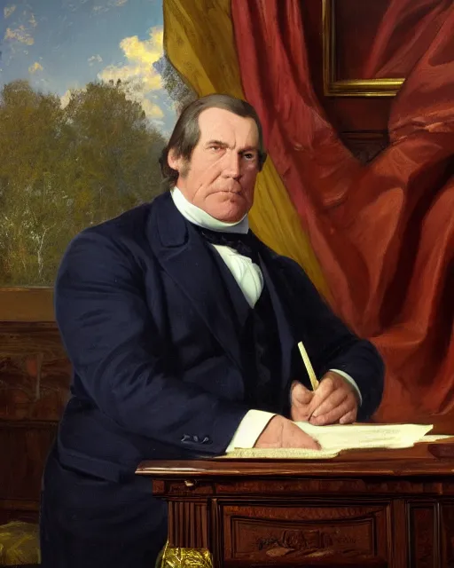 Image similar to close - up portrait of the united states president, thanos, standing at the resolute desk, 1 8 4 8, attractive, oil on canvas by william sidney mount, trending on artstation, national archives