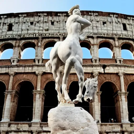 Prompt: A marble statue of a Centaur in the middle of the Colosseum, sculpture created by michelangelo, 8k, cinematic lighting