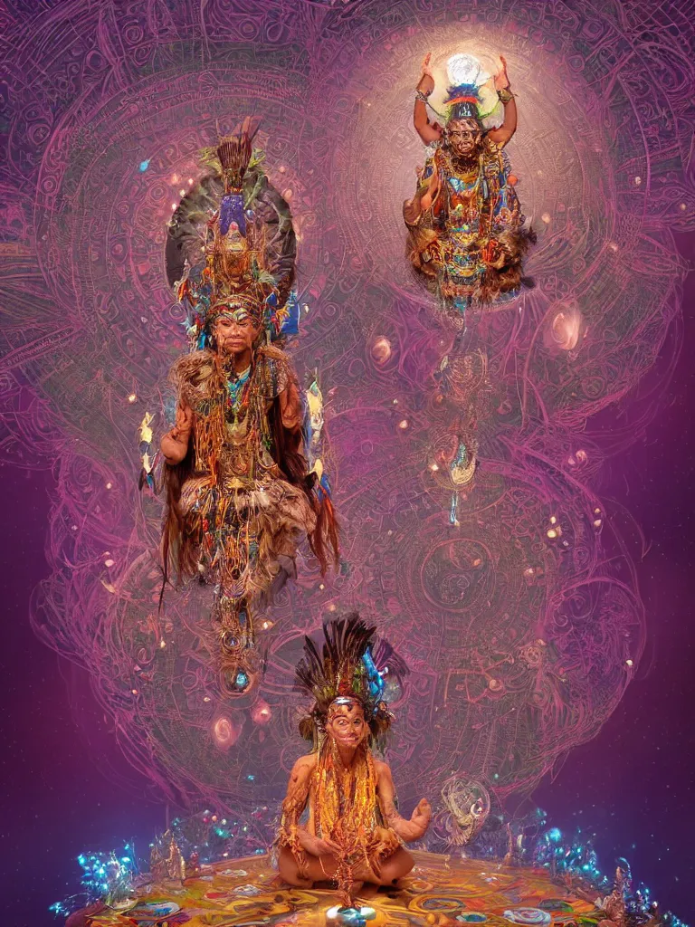 Image similar to a centered ancient mystical tribal elder wearing an intricate head dress of feathers and jewels generating flowing energy and surrounded by wisps of incense smoke sits meditating on a complex celestial mandala in a cybernetic robot temple, peaceful face, by justin gerard and craig mullins, 3 d, cinema 4 d render, trending on artstation, 8 k