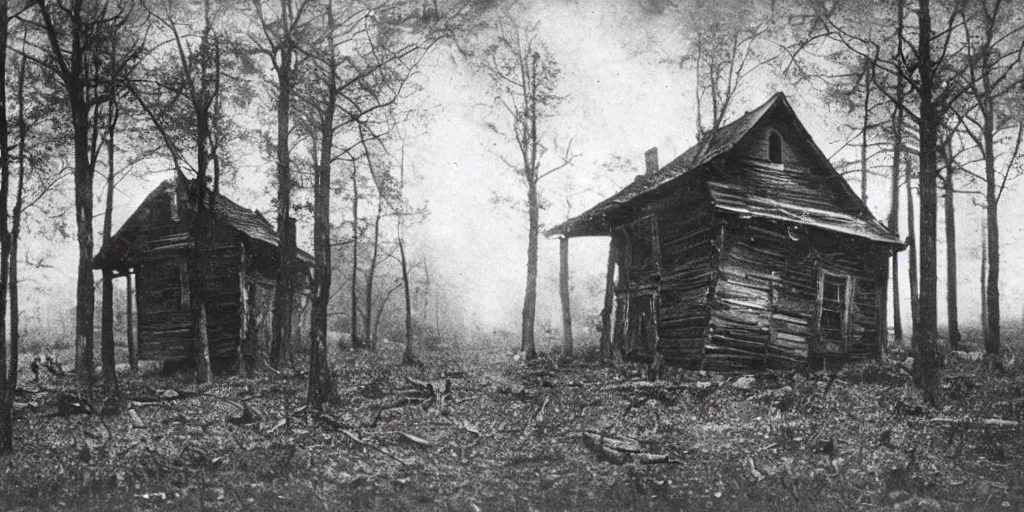Image similar to abandoned and partially broken down wooden house in an ominous forest, 1 9 0 0 s photography