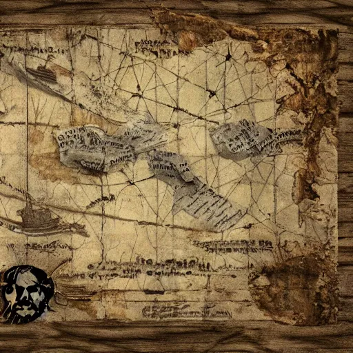 Image similar to scan of an old torn treasure map, pirates treasure map, high detail, high res, hyperrealistic