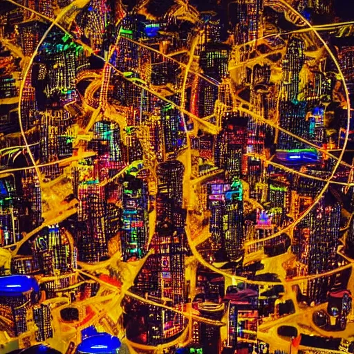 Image similar to an aerial view of a city at night, a microscopic photo by lisa frank, instagram contest winner, maximalism, glowing lights, vivid colors, circuitry