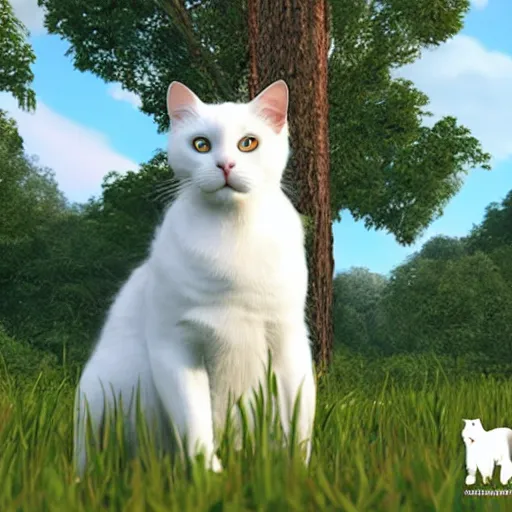 Prompt: an excited white cat sitting in a field, unreal engine, detailed