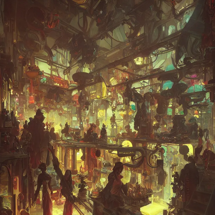 Image similar to inside a dimly lit futuristic toystore. highly detailed, digital painting, artstation, concept art, matte, sharp focus, illustration, art by artgerm and greg rutkowski and alphonse mucha