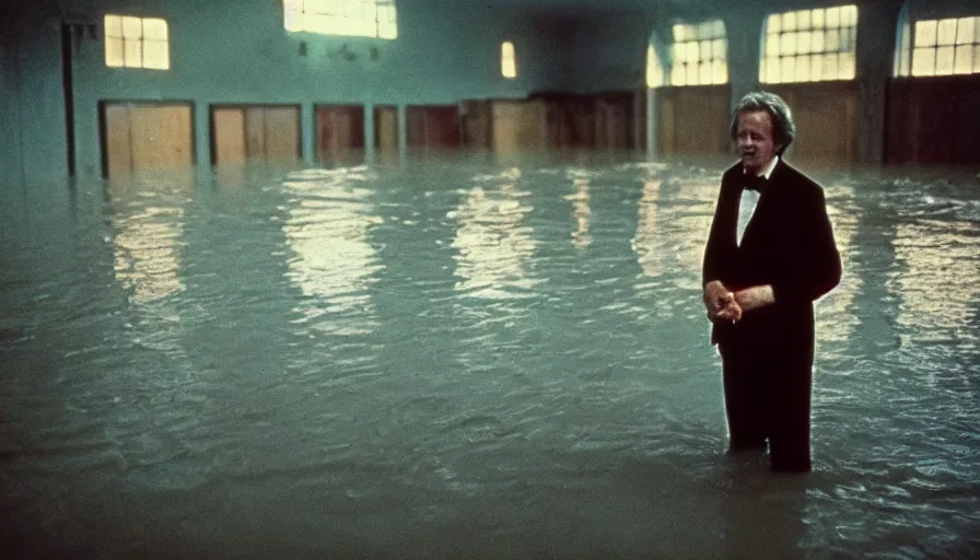 Prompt: 7 0 s movie still of an old violonist standing in a soviet ballroom flooded in mud, cinestill 8 0 0 t 3 5 mm eastmancolor, heavy grain, high quality, high detail