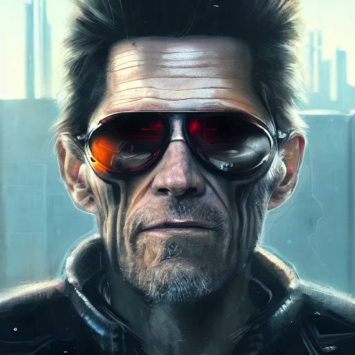 Image similar to closeup portrait of william dafoe, cyberpunk, ex military guy, city background, dramatic light, gorgeous view, depth, high detail, digital art, painted by greg rutkowski and seb mckinnon, neuromancer, trending on artstation