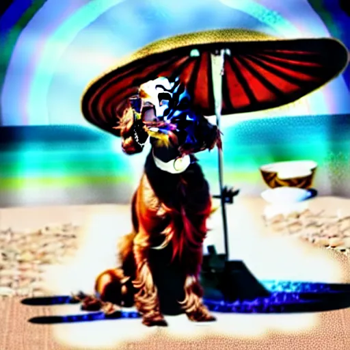 Image similar to cute brown spaniel by the seaside, parasols, bright towels, Coco Dávez style