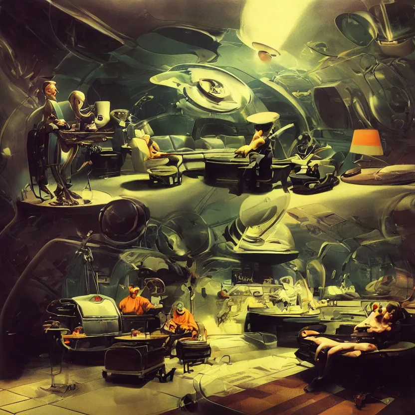 Image similar to highly detailed science fiction painting turned into a diorama sculpture depicting a futuristic lounge room on the edge of a meadow with billowing clouds. styling by norman rockwell, frank frazetta, and syd mead. rich colors, high contrast, gloomy atmosphere. trending on artstation.