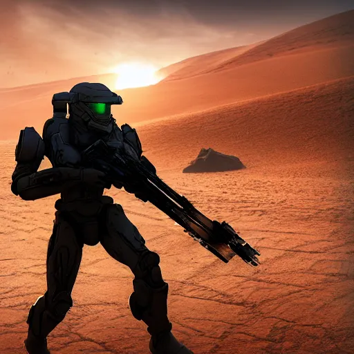 Image similar to ultra realistic on location photograph of master chief on a desert planet. epic image. action pose. explosions. sunrise. canon. carl zeiss