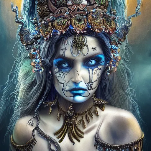 Prompt: a beautiful detailed 3d matte painting of female goddess of the dead, ominous, magical realism, texture, seductive, erotic, tempting, beautiful face, intricate, ornate, royally decorated, skull, skeleton, whirling smoke, embers, blue adornements, 8k