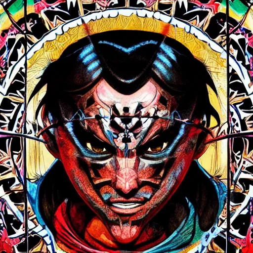 Image similar to 4K headshot portrait of godlike Ninja with defined arms and open hands and bloody clothes with giant mandala wings , intricate face , flawless anime cel animation by Kentaro Miura, psychedelic , highly detailed upper body , professionally post-processed , beautiful, scary, symmetry accurate features, epic, octane rendered, anime masterpiece, accurate by Craig Mullins, ilya kuvshinov, krenz cushart, epic , artgerm trending on artstation by Edward Hopper and Dan Mumford and WLOP and Rutkovsky, beksinski carl spitzweg moebius and tuomas kocar, intricate artwork by caravaggio, Unreal Engine 5, Lumen, Nanite