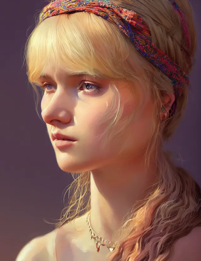 Prompt: portrait of a young woman wearing a boho dress, hippie girl, short blonde hair, groovy hairband, bangs, intricate, smooth, groovy lighting, highly detailed, digital painting, artstation, concept art, smooth, sharp focus, illustration, art by wlop, mars ravelo and greg rutkowski