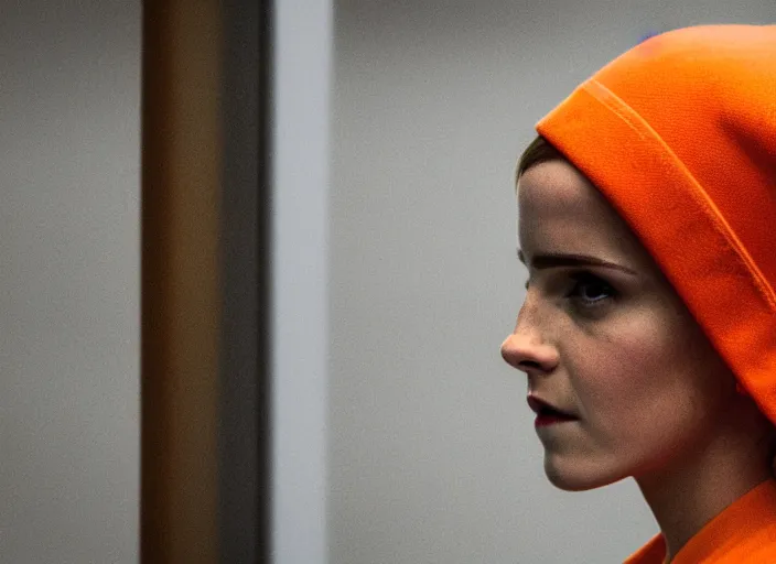 Image similar to photo of emma watson sitting in a jail cell wearing an orange jumpsuit and a red hat, defocused bars in the foreground, detailed face, 8 k, 8 5 mm f 1. 8