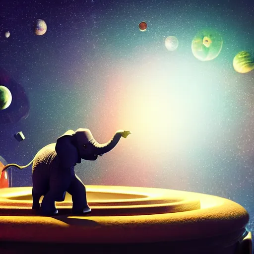 Prompt: a hyperrealistic 3D octane render of an elephant playing piano in a planetarium with planets and galaxies, trending on artstation, 8k, 4K, dramatic lighting, glowing, volumetric lighting, ray tracing, unreal engine