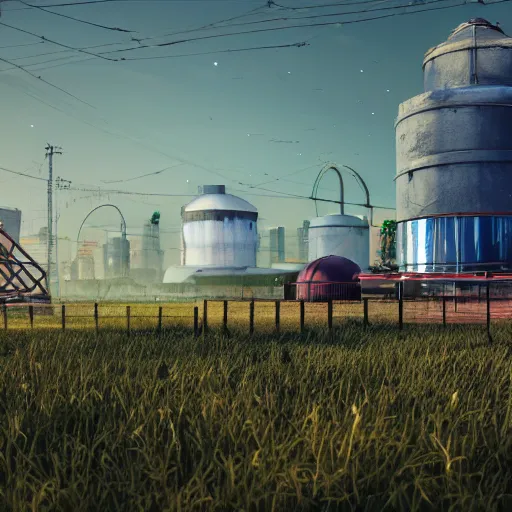 Image similar to fully detailed landscape of a cyberpunk farm , watertank, futuristic tractors, farmhouse, Ai , in the future, high quality, 8k , octane render