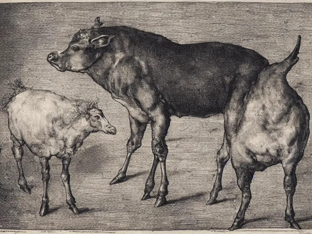 Prompt: portrait of a veal at the slaughterhouse. copper engraving by albrecht durer, walton ford