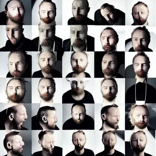 Image similar to versions collage of variations, hyper realistic, many variations of thom yorke, face variations, various emotions, various poses, high quality, brush stroke, intricate details, beautiful lighting