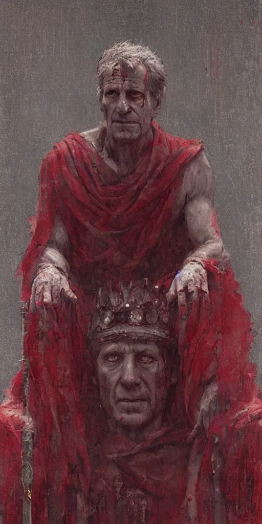 Image similar to the end is near. a tired julius caesar is sitting on his throne. face is highly detailed. splices of red are running down his toga. mist. color scheme red. low angle medium shot. imagined by jeremy lipking