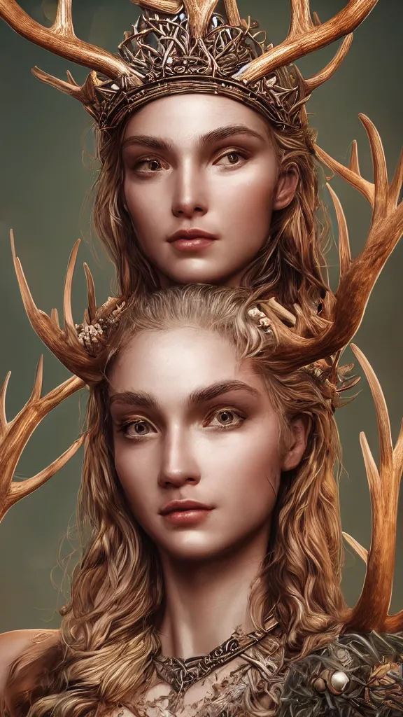 Image similar to highly detailed close up portrait of Artemis, goddess of the hunt and the moon, wearing a crown made of antlers, studio lightning, bright colors, intricate, masterpiece, photorealistic, hiperrealistic, sharp focus, high contrast, Artstation HQ, DeviantArt trending, 4k UHD, Unreal Engine 5