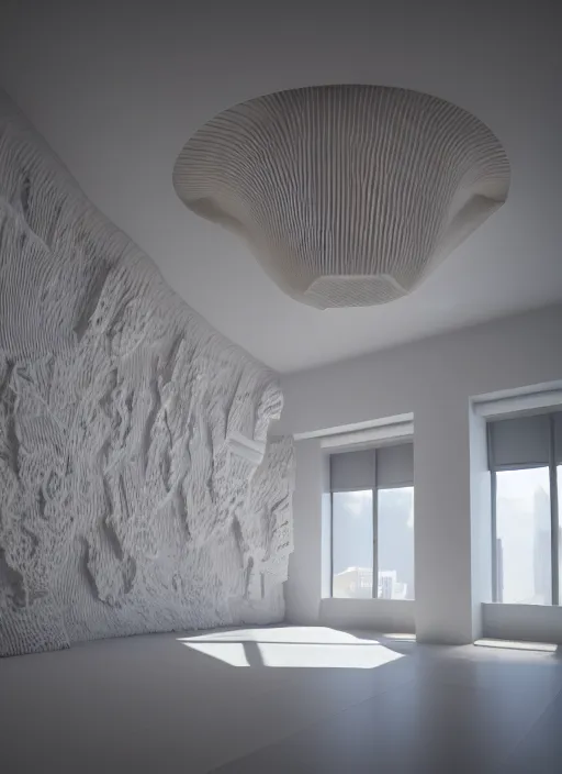 Image similar to white zen loft - penthouse made of corals well contoured smooth fair walls, up close shot, sharp focus, global illumination, radiant light, alexandre ferra white mecha, irakli nadar, octane highly render, 4 k, ultra hd,