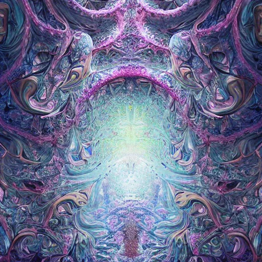 Prompt: a beautiful 3 d painting of a sprawling intricate fractal populated by mandelbrot fractals by android jones, volumetric lighting, dynamic lighting, dramatic lighting, high contrast, concept art, carved marble, opalescent, sacred geometry, religious, magic realism, catholicpunk, stark, trending on artstation