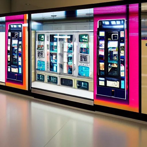 Prompt: vending machine, liminal space, photography, plasma display, ray tracing reflections