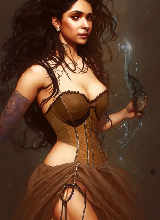 Image similar to cute brown woman wearing a translucent corset dress, fantasy, intricate, highly detailed, digital painting, artstation, concept art, wallpaper, smooth, sharp focus, illustration, art by artgerm and greg rutkowski and alphonse mucha