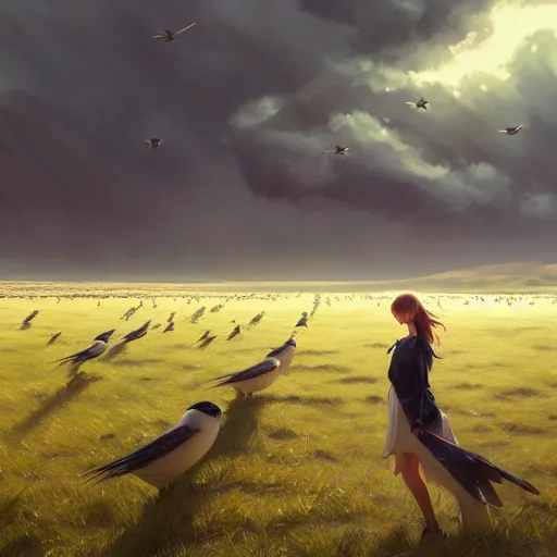 Image similar to flock of swallows in avila, green fields, oaks, spring season, 4 k, midday light, concept art, by wlop, ilya kuvshinov, artgerm, krenz cushart, greg rutkowski, pixiv. cinematic dramatic atmosphere, sharp focus, volumetric lighting, cinematic lighting, studio quality