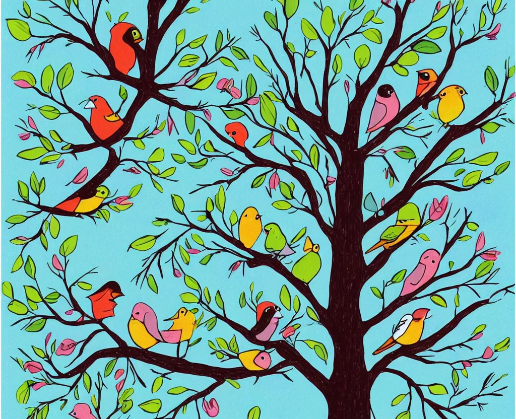 Prompt: birds in a tree, cartoon by victoria roberts