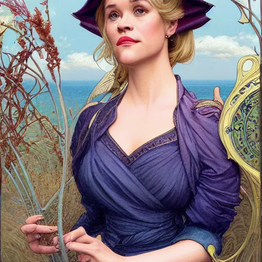 Image similar to Reese Witherspoon, highly detailed, digital painting, artstation, concept art, smooth, sharp focus, illustration, ArtStation, art by artgerm and greg rutkowski and alphonse mucha and J. C. Leyendecker and Edmund Blair Leighton and Katsuhiro Otomo and Geof Darrow and Phil hale and Ashley wood and Ilya repin and Charlie Bowater