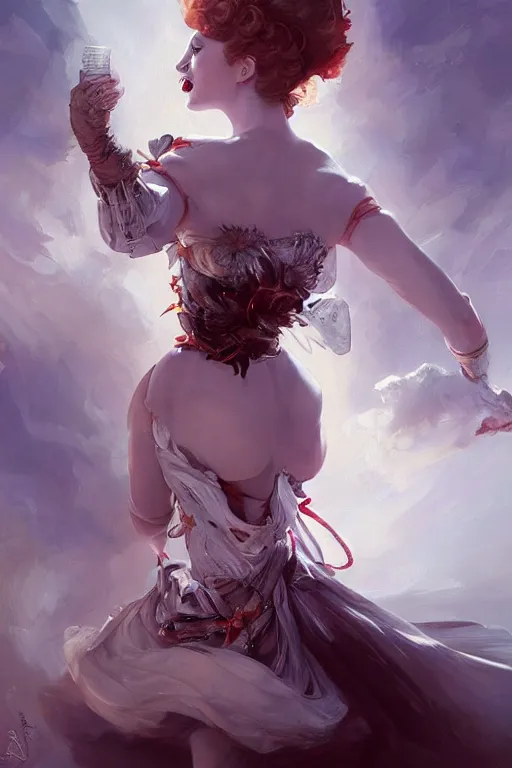 Prompt: art masterpice, comical clown faced queen elizabeth descending from the clouds, intricate, beautiful cinematic lighting, stunning painting by artgerm, caravaggio, android jones, wadim kashin