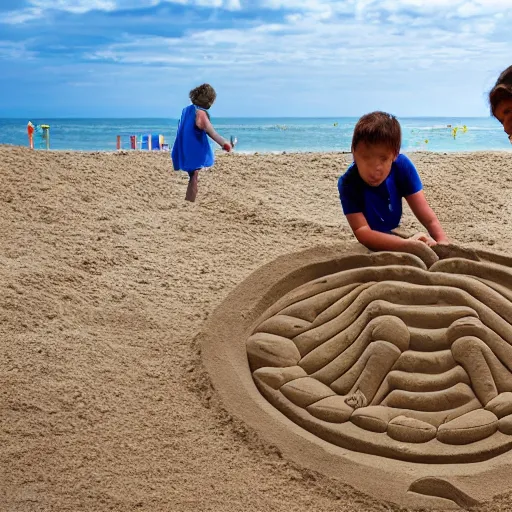 Prompt: photograph of 2 children making a sand sculpture representing a crab. seaside, beach. blue sky, some clouds, sun.