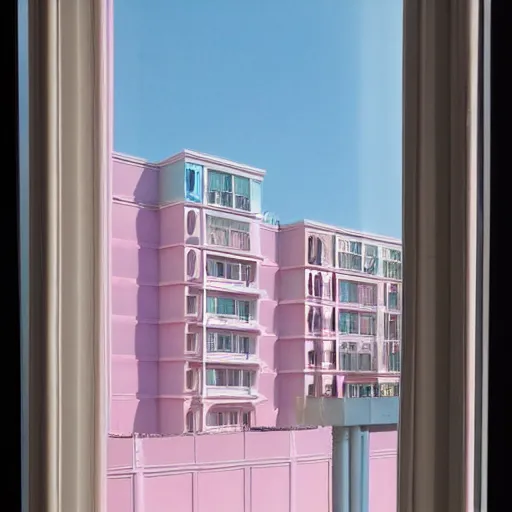 Prompt: a ultra high definition pastel coloured photographic print from a holiday photo album. the photo is a medium frame, 5 0 mm depicting the interior of an expensive alien hotel balcony, furniture and view. the interior was designed by wes anderson. iridescent transparent glass, pastel pink concrete, foam. 8 k. architectural. interior. no artefacts. highly detailed.