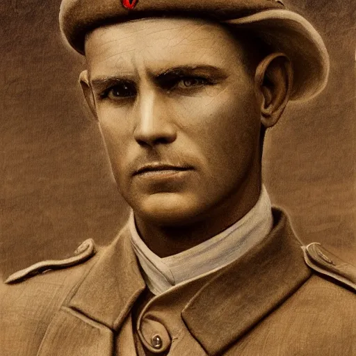 Image similar to a detailed photorealistic sepia - toned color portrait painting of a 1 9 1 7 worried clean - shaven british lieutenant in field gear from the arab bureau in wadi rum, ultra realistic, intricate details, atmospheric, dark, brooding, highly detailed, by clyde caldwell