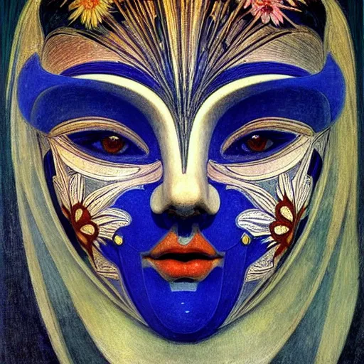 Image similar to masterpiece painting of a facemask made of stylized flowers, by annie swynnerton and jean delville and tino rodriguez and john watkiss, flower mask, art deco shaman, art brut, symbolist, dramatic lighting, god rays, elaborate geometric ornament, clean crisp graphics, soft cool colors, smooth, sharp focus, extremely detailed