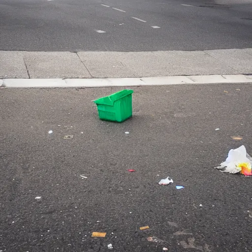 Prompt: beautiful photograph of trash in the street, minimalism, high resolution, 4 k, realist, photograph